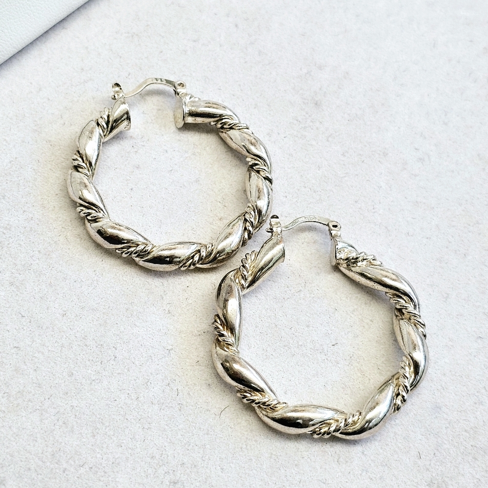 Sterling 925 Silver Twisted Hoop Earrings with Rope Detail